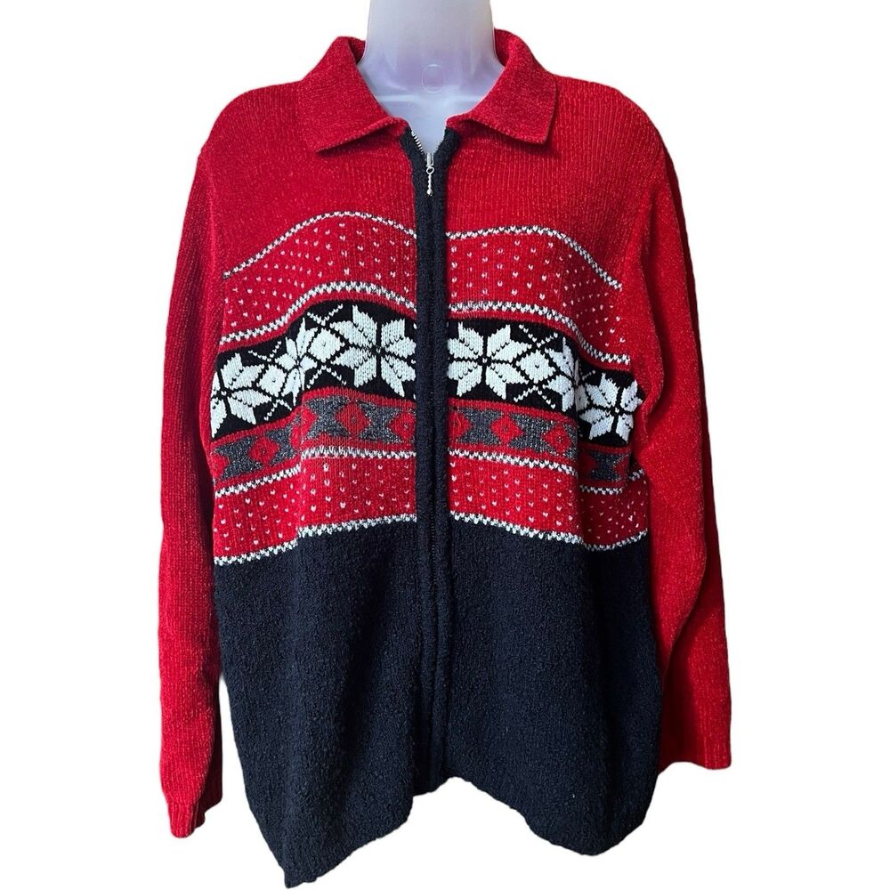 Vtg Parisian Works Red Nordic Fair Isle Zip Front Cardigan Sweater w/Collar Sz M